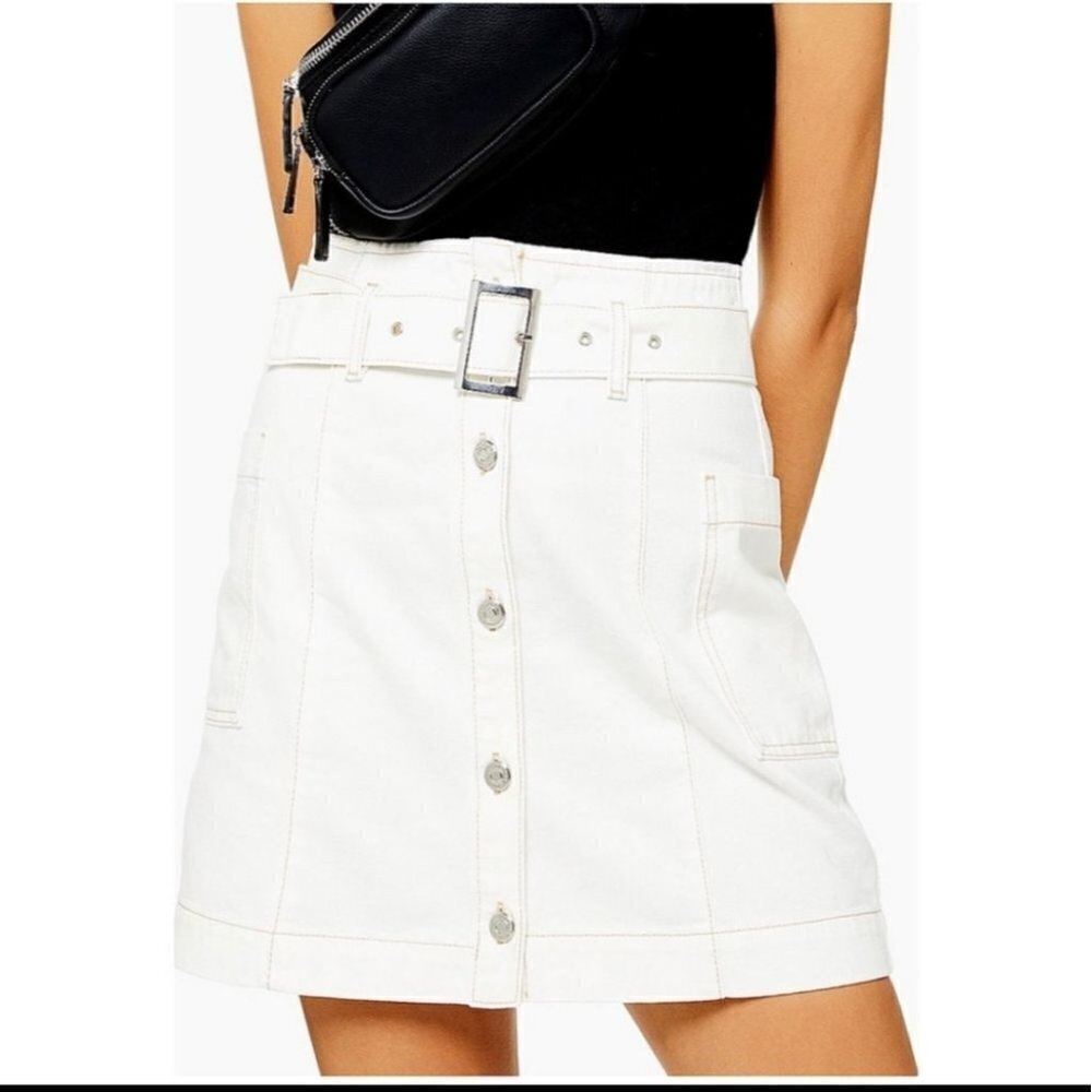 Topshop Off White Denim Button Front  Belted Jean Skirt